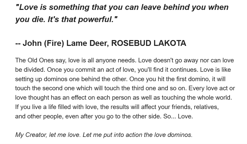 Quote about the power of love by John Lame Deer, discussing its lasting impact and connection among people.