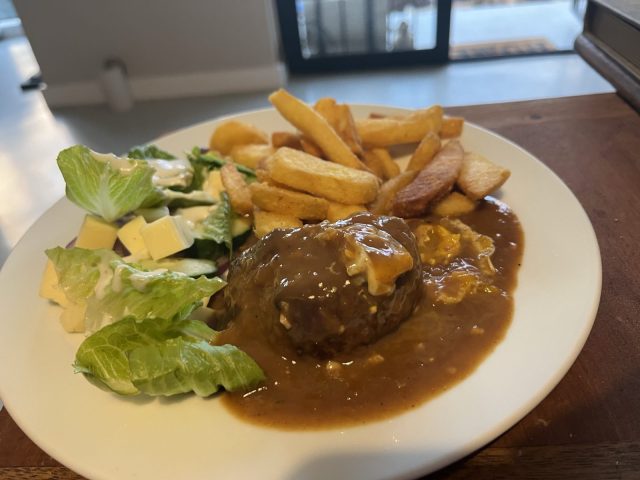 A plate featuring a meat patty covered in brown gravy, accompanied by golden fries and a fresh salad with lettuce and cheese.