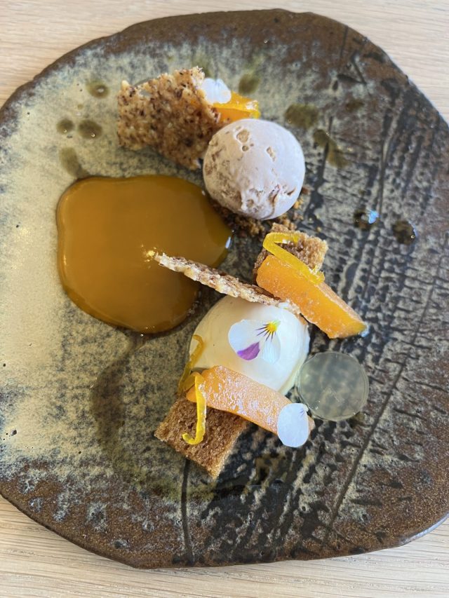 A beautifully arranged dessert featuring a scoop of ice cream, slices of candied fruit, a dollop of sauce, and decorative elements on a rustic plate.