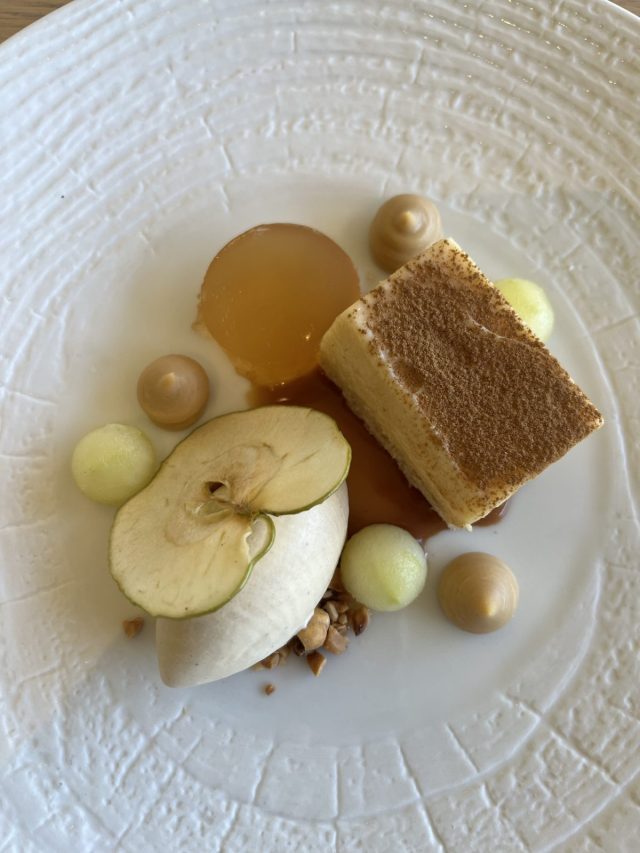 A beautifully plated dessert featuring a square of cake, slices of apple, and circular dollops of cream, accompanied by a shiny fruit gel and green melon balls on a textured white plate.