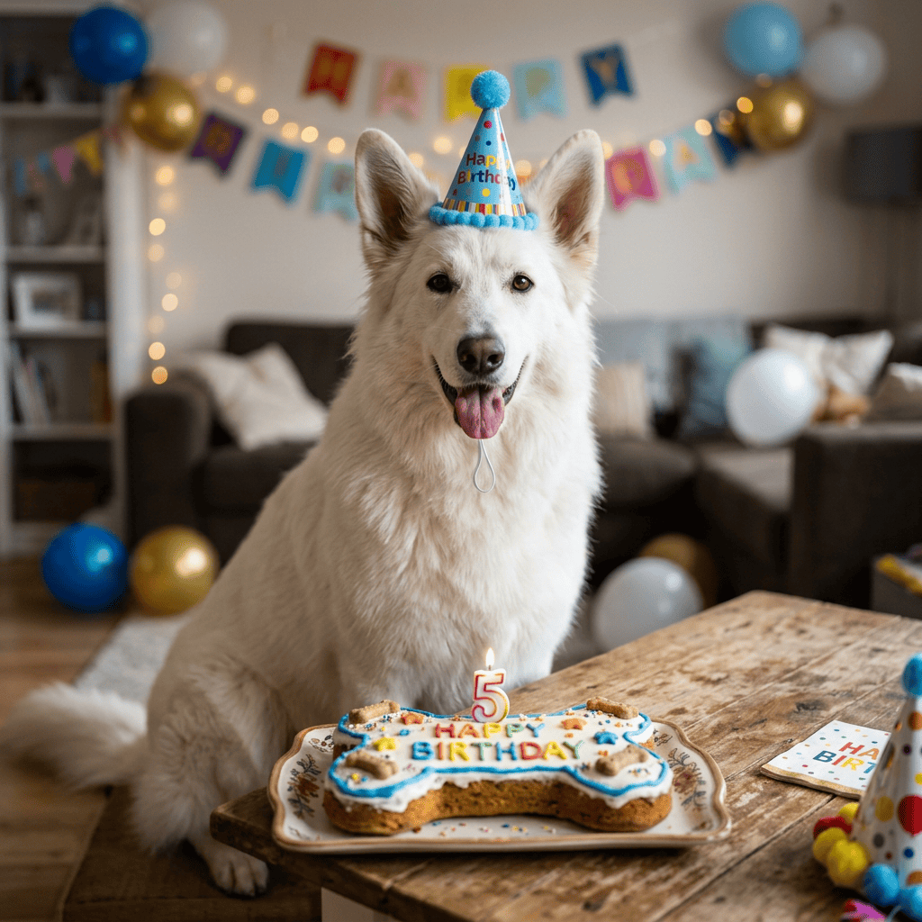 White dog wearing a birthday hat beside a cake marked Happy Birthday and five